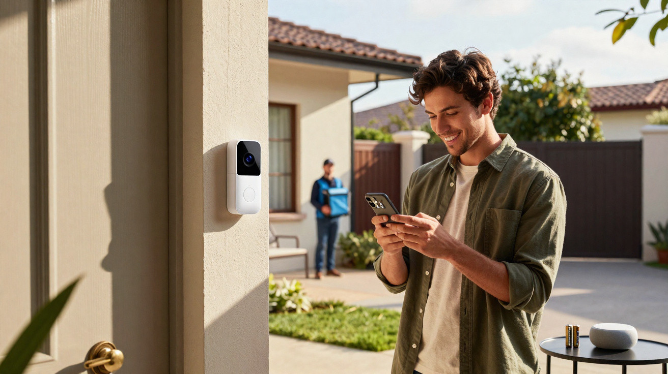 Man smiling while checking phone near smart doorbell with delivery person in background.