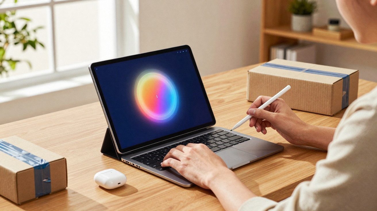 Person using stylus on a laptop with a colourful circular graphic on screen, surrounded by parcels on a wooden desk.