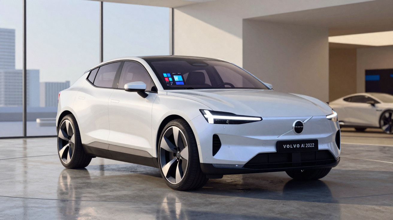 White Volvo electric car parked inside a modern showroom with large windows and reflective floors.