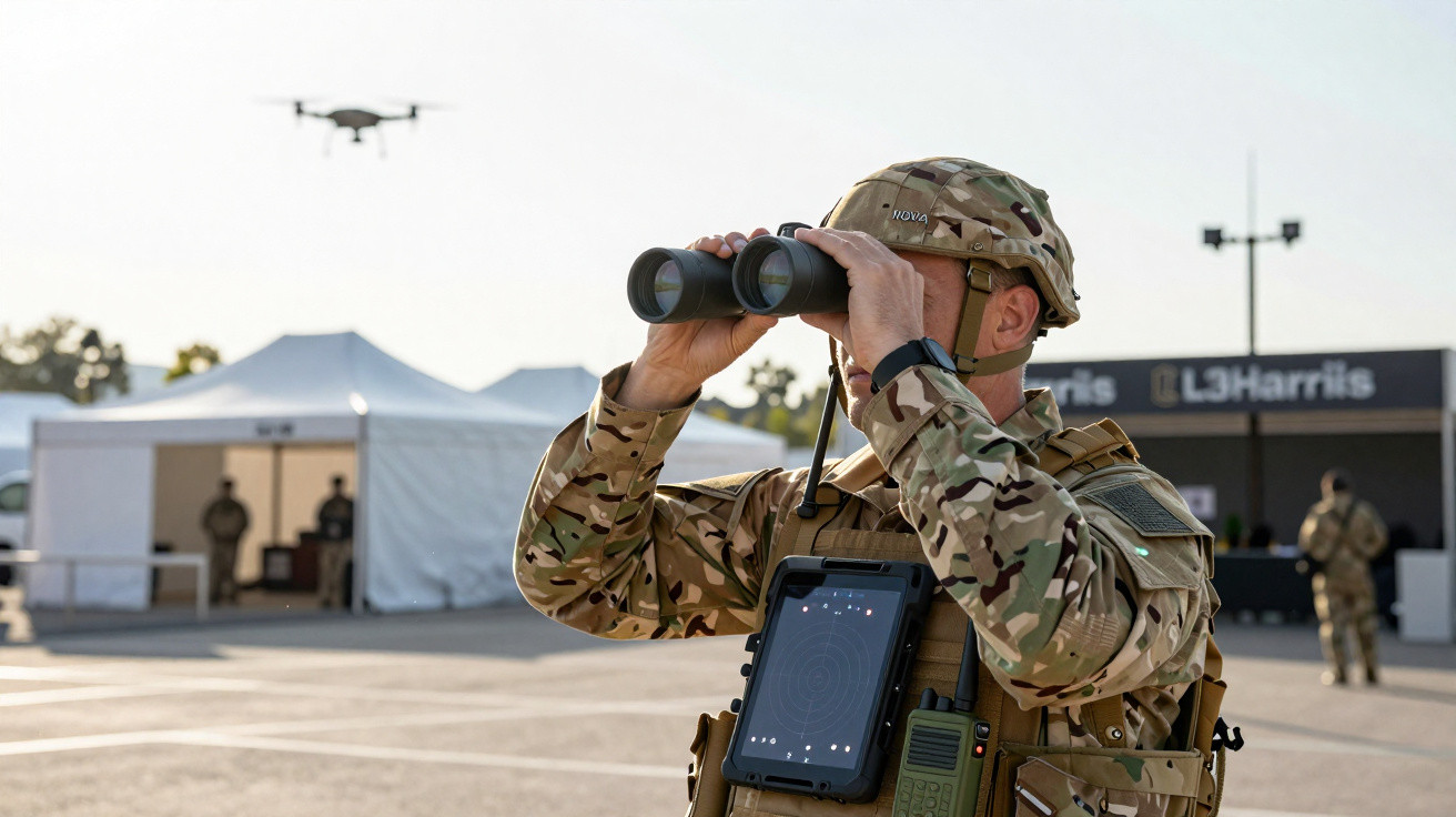 Soldier in camouflage using binoculars with a drone flying nearby at a military base.