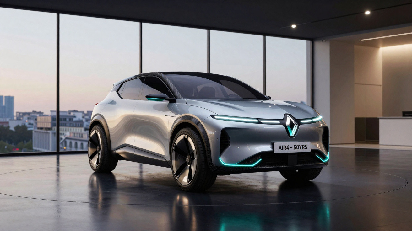 Silver Renault electric concept car with glowing blue accents displayed in modern showroom at dusk