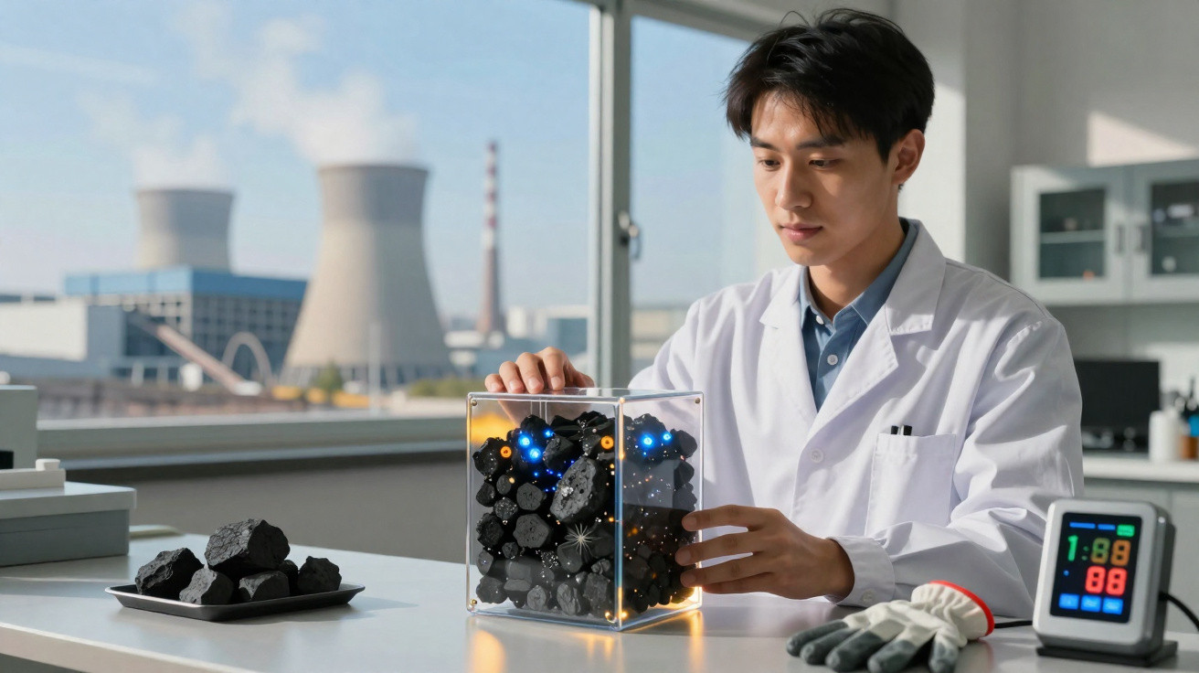 Scientist in lab coat examining a transparent box filled with coal samples in a laboratory with power plant outside.