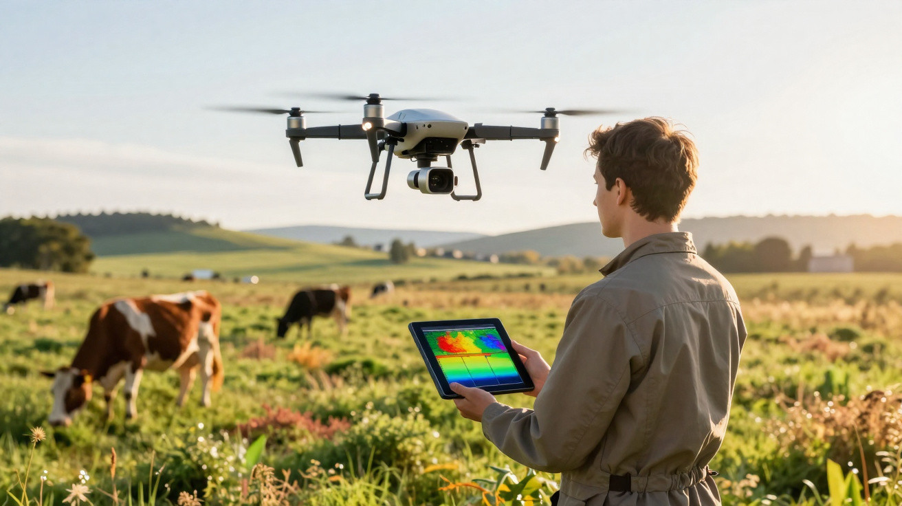 Person operating a drone with tablet in a green pasture with cows and rolling hills at sunset.