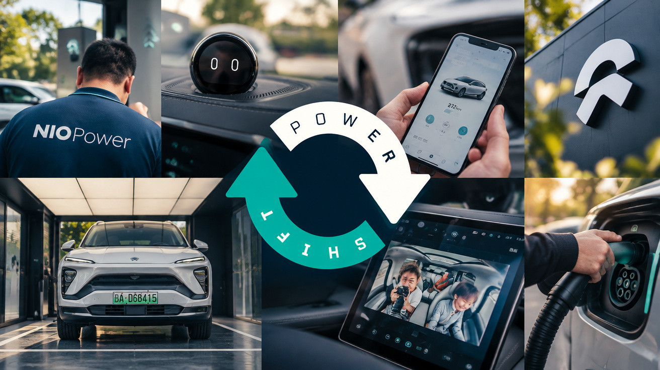 Collage of electric car charging, NIO app, in-car AI, and NIO Power branding with power shift arrows.