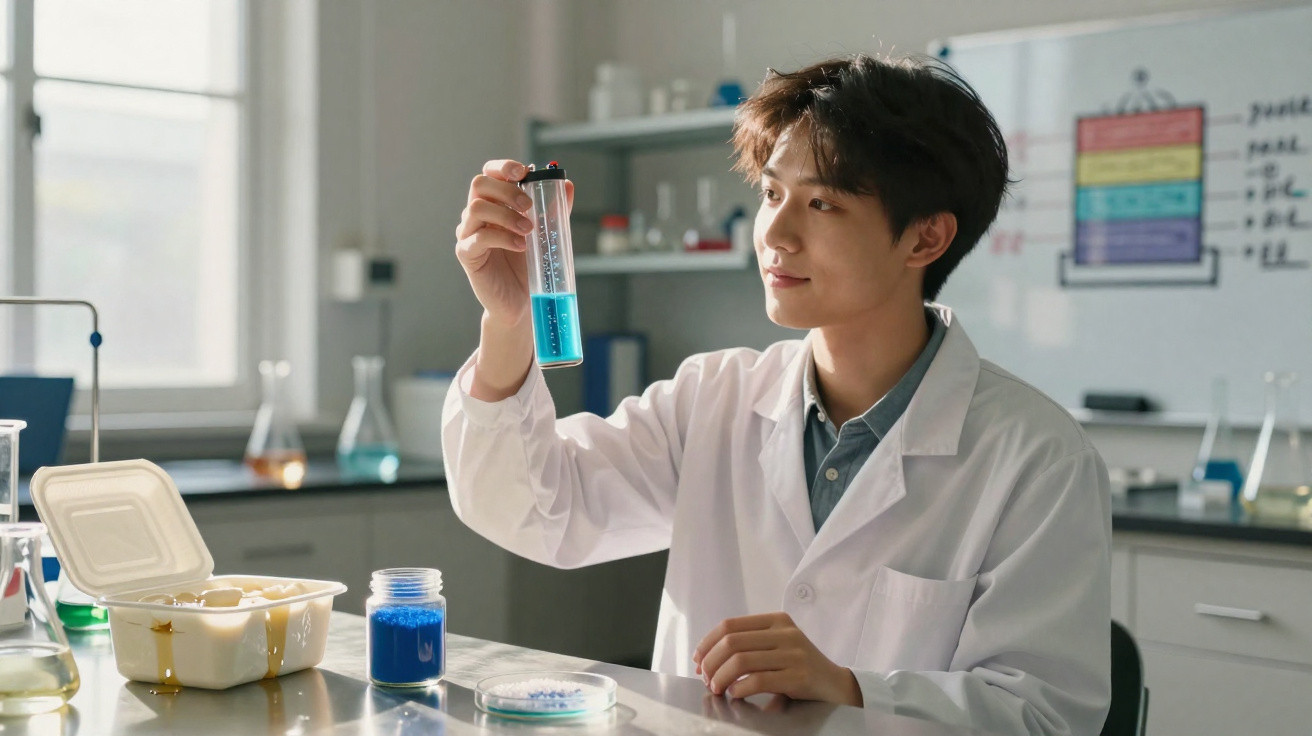 Young scientist in lab coat examining blue liquid in a test tube in a modern laboratory.
