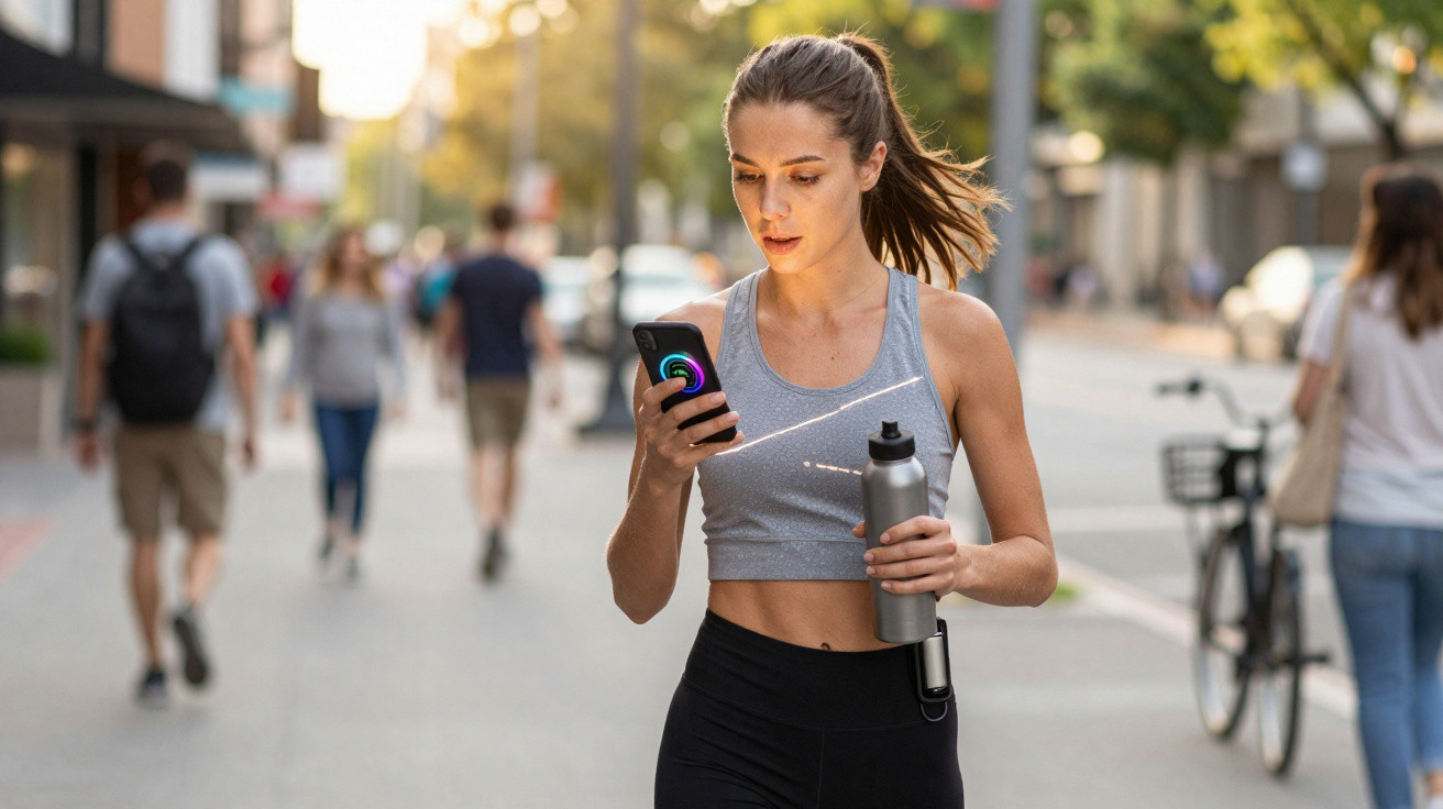 Young woman in sportswear holding a water bottle and looking at her phone while walking outside in the city.