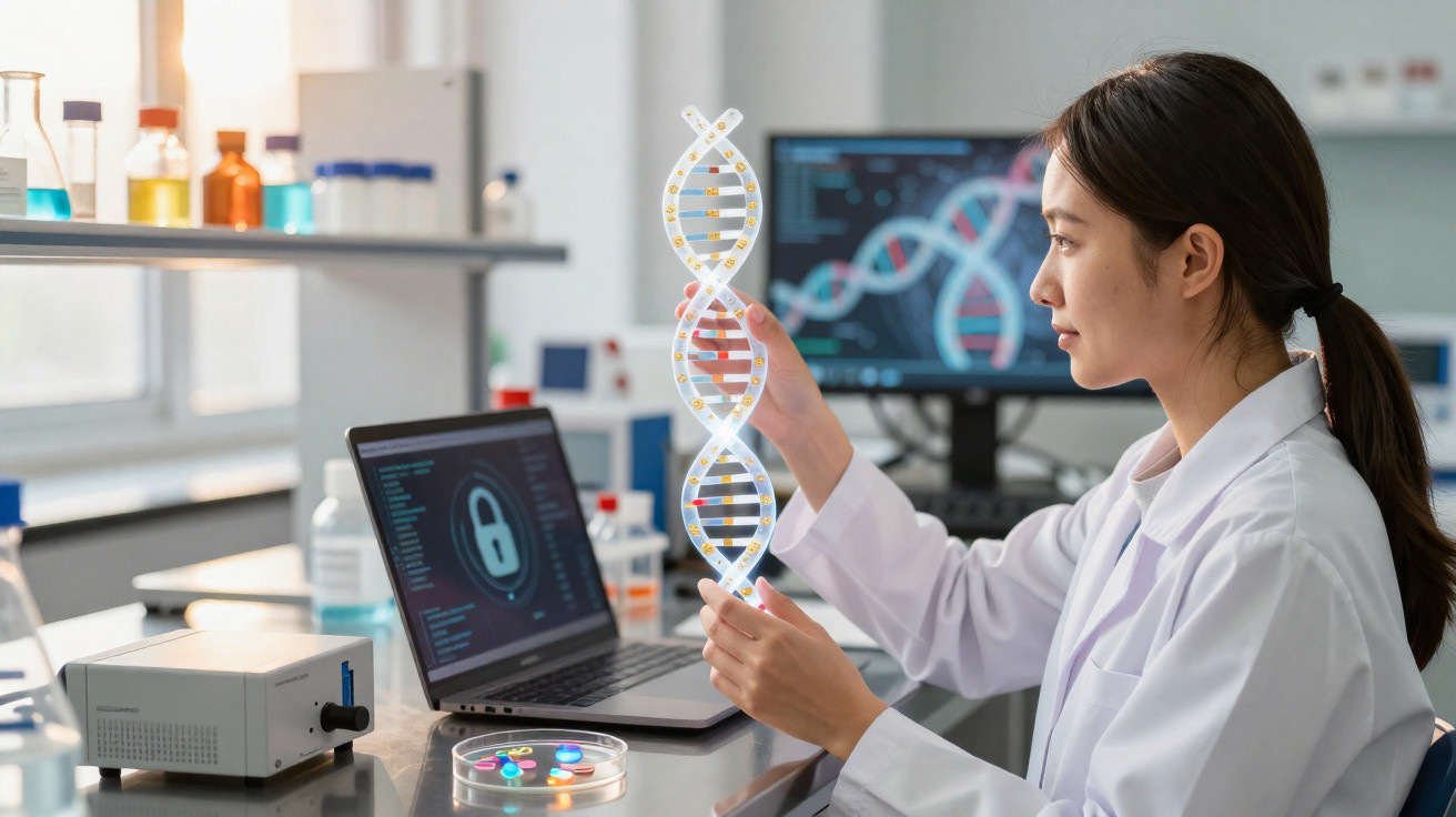 Scientist in lab coat examining a DNA model with laptop and Petri dish in a laboratory.