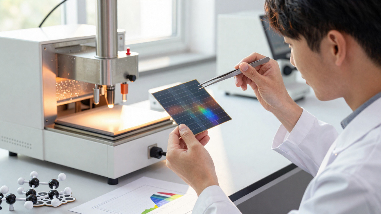 Scientist in lab coat examining solar panel with tweezers beside molecular models and charts on desk.