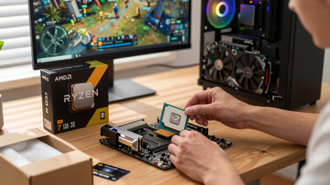 Person installing AMD Ryzen 7 138-30 CPU onto a motherboard beside a gaming PC and monitor.