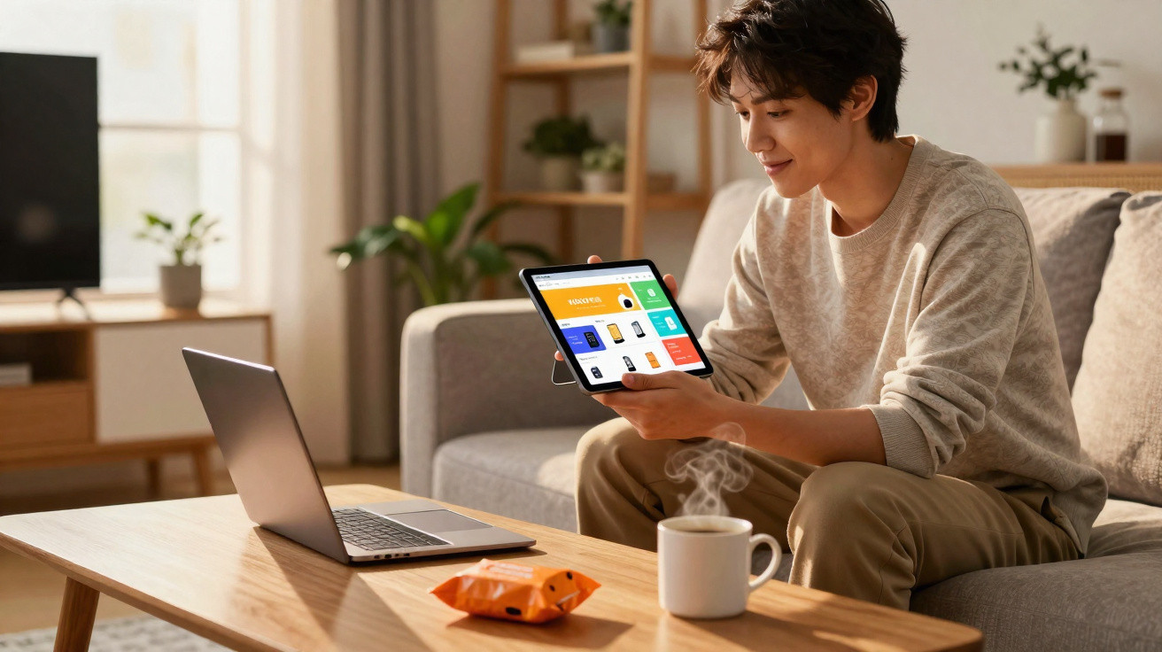 Young man sitting on sofa using tablet with laptop, coffee, and snack on wooden table in living room.