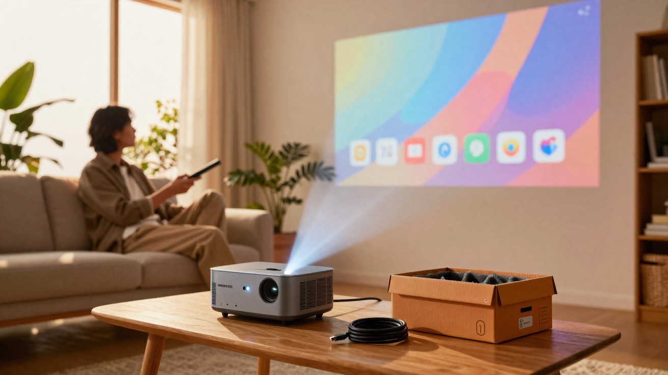 Projector displaying a colourful app screen on a wall with a person sitting on a sofa holding a remote control.