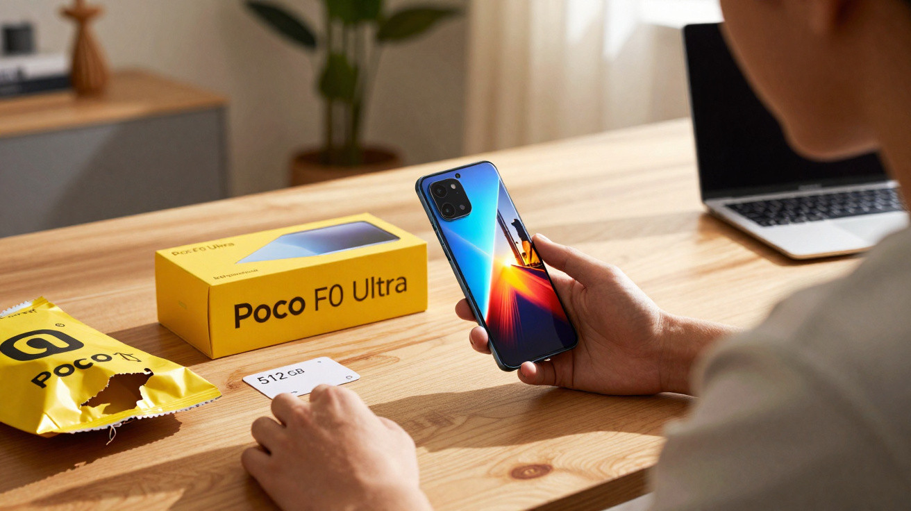 Person holding a Poco F0 Ultra smartphone next to its yellow box and packaging on a wooden desk.