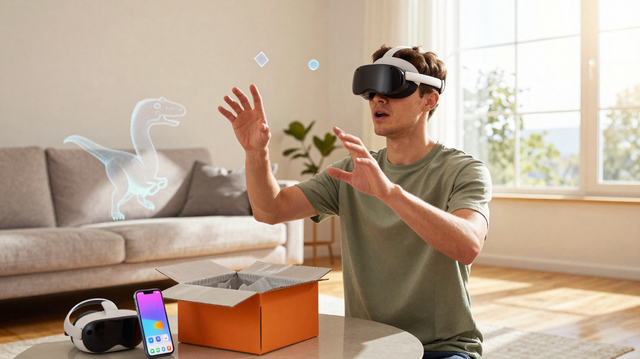 Man wearing VR headset interacting with a virtual dinosaur projection in a bright living room.