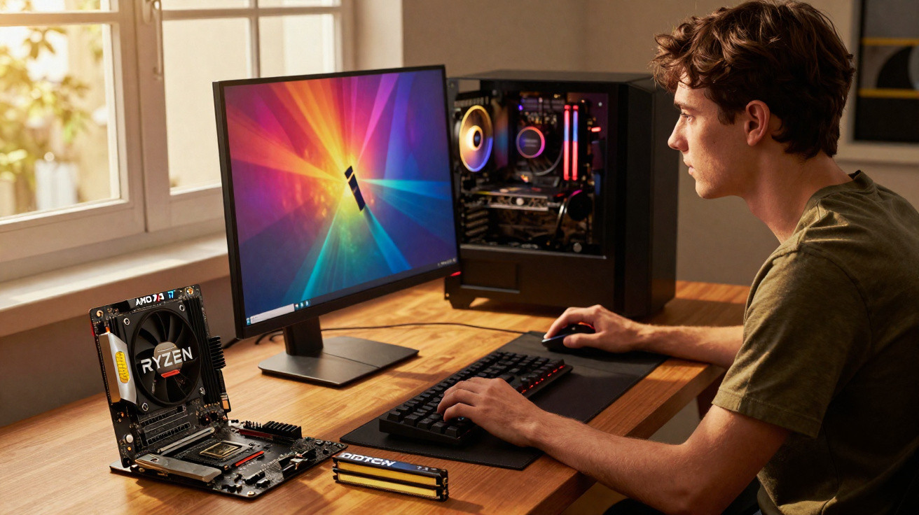 Young man building a gaming PC with AMD Ryzen CPU, monitor, and components on a wooden desk by a window.