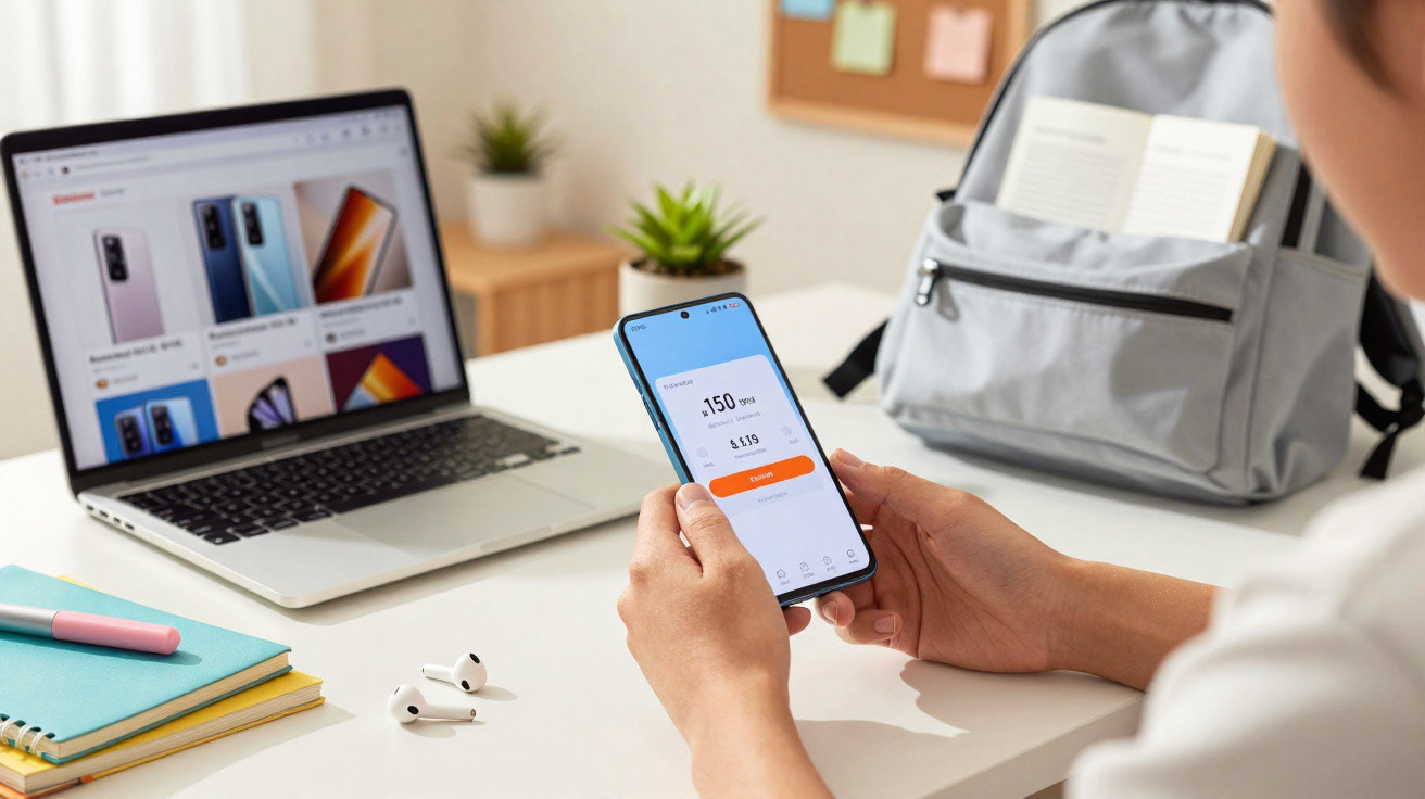 Person holding a smartphone displaying points balance, with laptop, notebooks, earbuds, and backpack on desk.