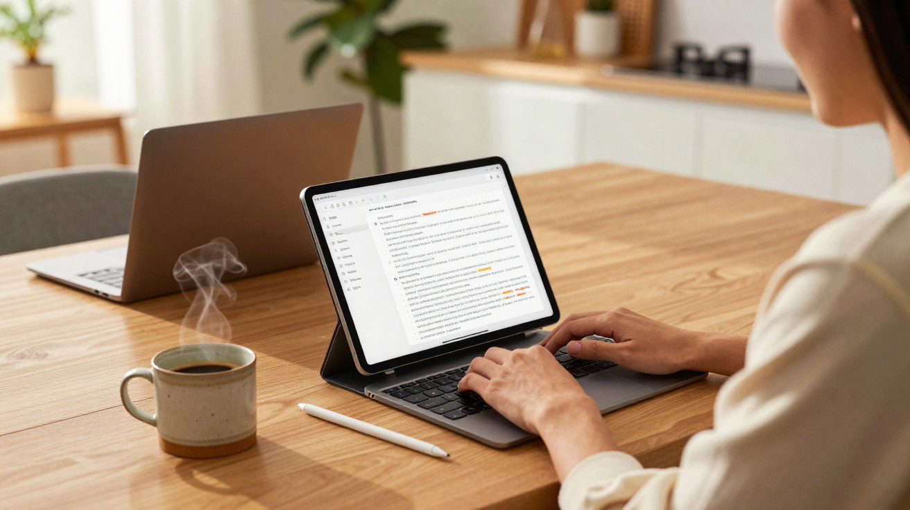 Person typing on a tablet with a keyboard on a wooden table beside a steaming cup of coffee and a laptop.