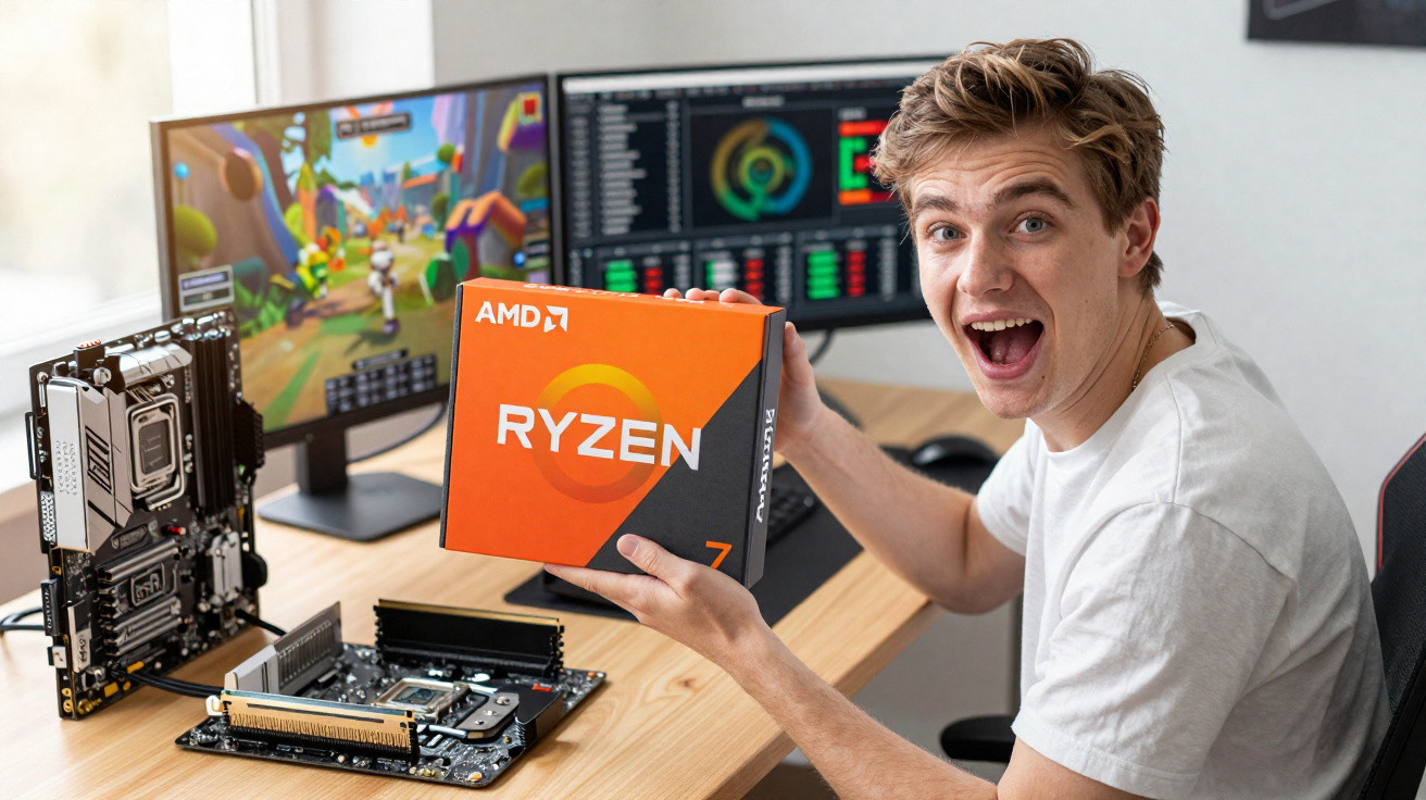 Excited young man holding AMD Ryzen 7 CPU box with gaming setup and computer hardware on desk.