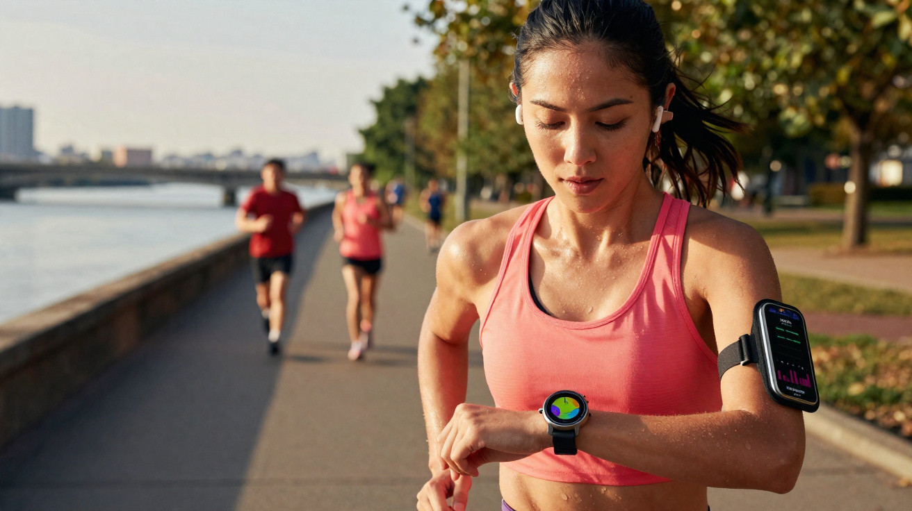 Woman in pink sportswear checks fitness watch while jogging along a riverside path with other runners behind.
