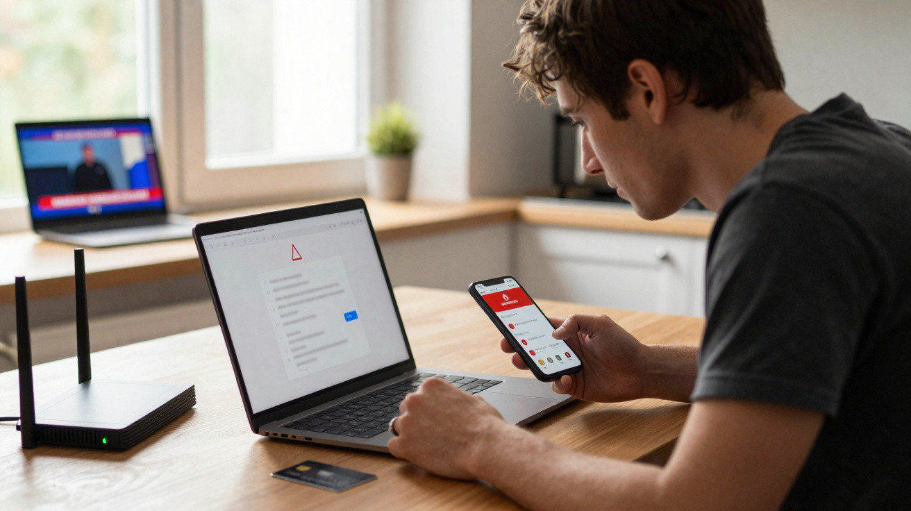 Person using a smartphone and laptop showing a warning sign, seated at a wooden table with a router and credit card.