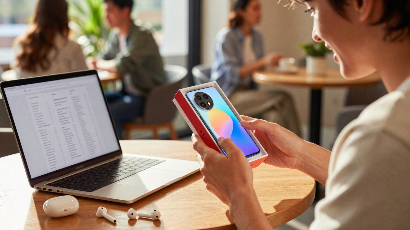 Person holding a new smartphone in a box at a wooden table with laptop and wireless earbuds nearby.