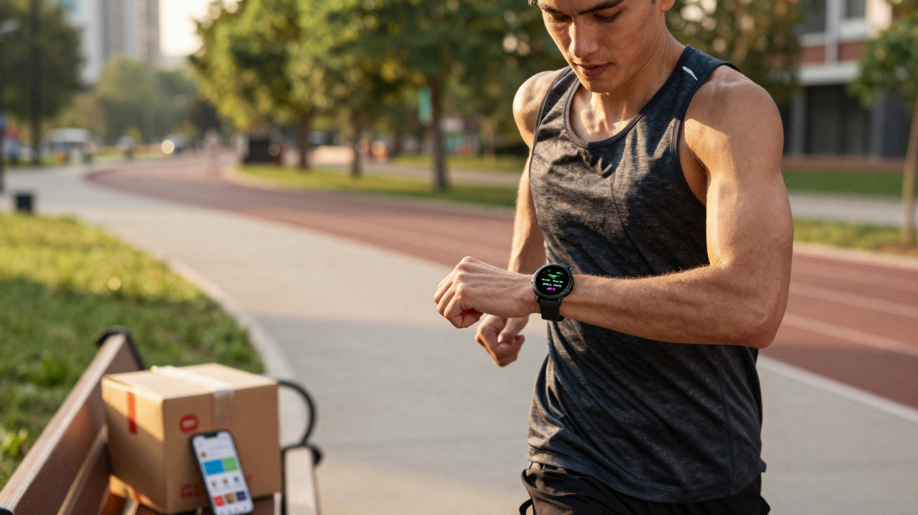 Man in sportswear checking smartwatch while running on a park track near a bench with a parcel and smartphone.