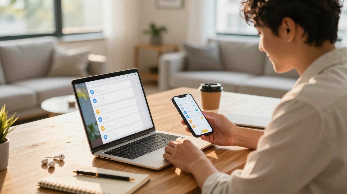 Person using smartphone and laptop on a wooden table in a cosy living room setting.