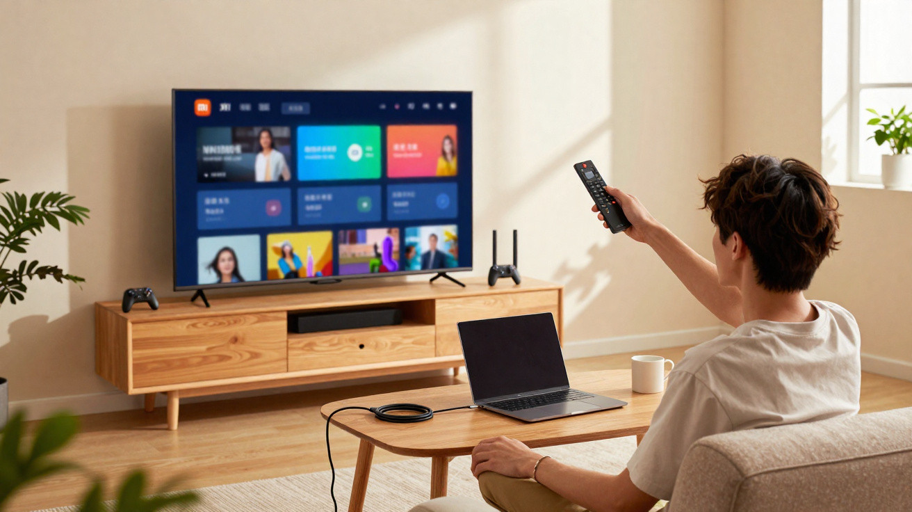 Person sitting on sofa using remote to control large TV in a bright living room with laptop on coffee table.