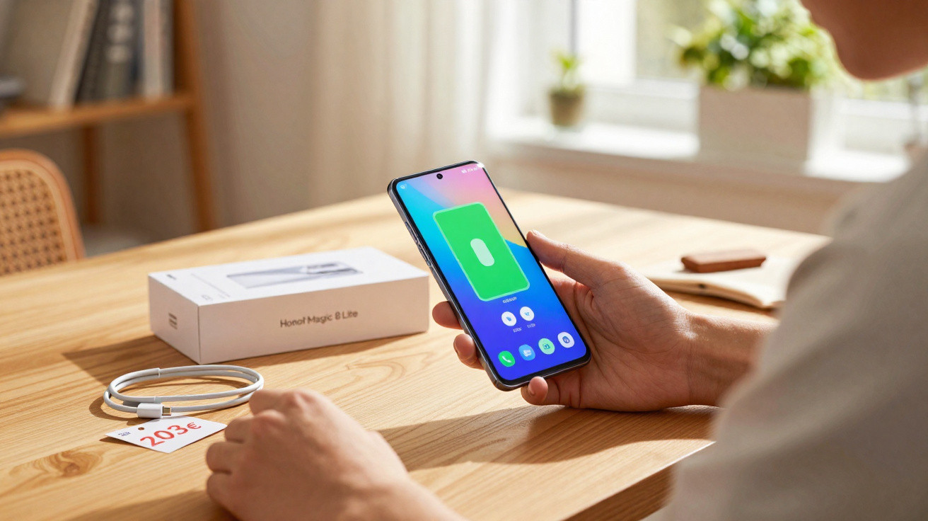 Person holding a smartphone displaying a full battery icon next to a box labeled Honor Magic 5 Lite on a wooden table.