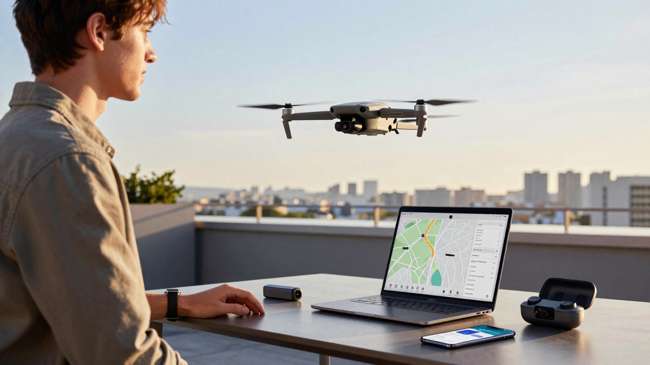 Man operating a drone outdoors with a laptop showing a map and a smartphone on the table at sunset.