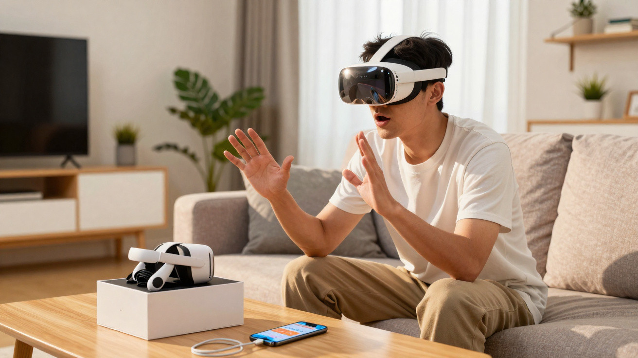 Young man wearing virtual reality headset and interacting with virtual objects in a living room.