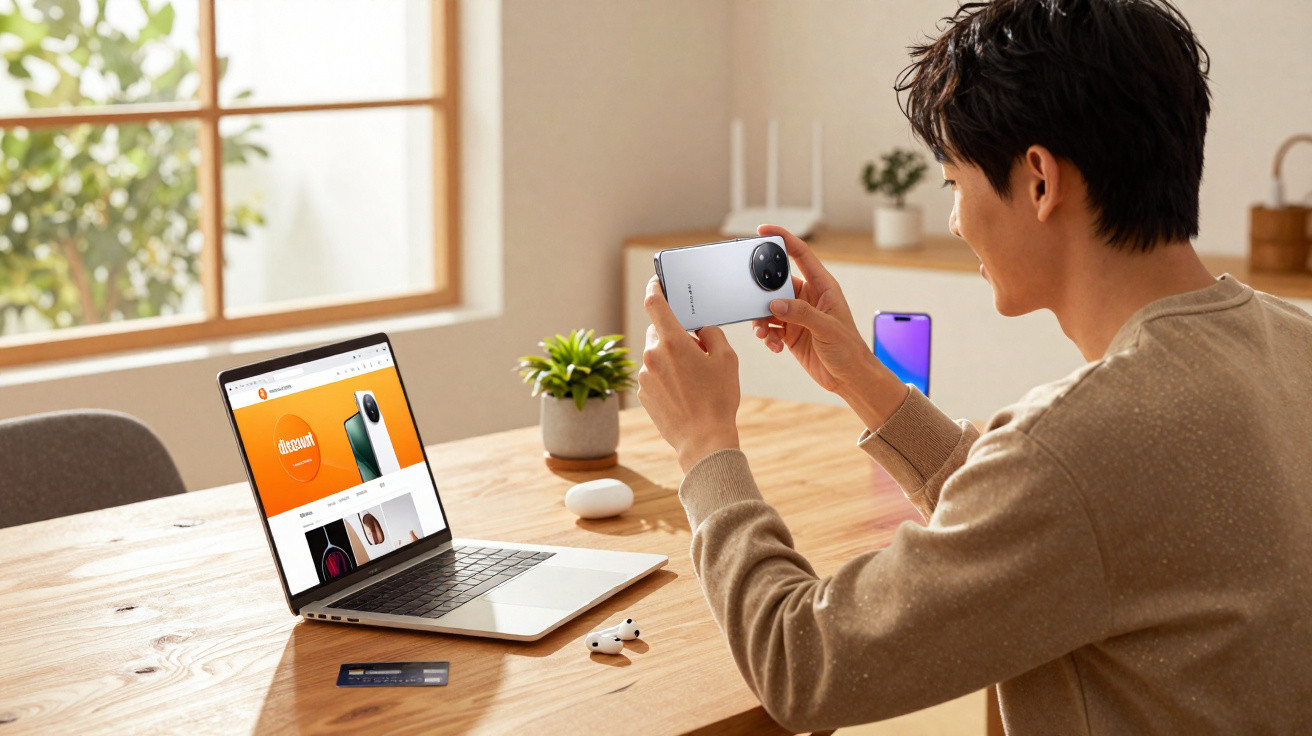 Person holding a smartphone and smiling at a wooden table with a laptop, wireless earbuds, and a credit card.