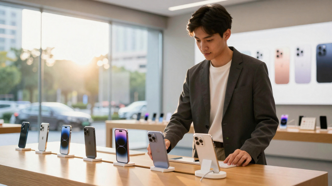 Young man browsing latest smartphones displayed on wooden table inside a modern tech store.