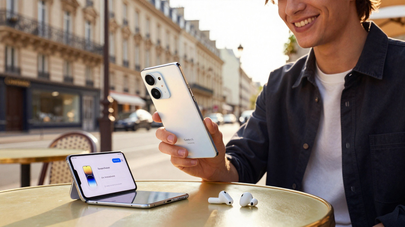 Smiling man using a white smartphone at an outdoor café table with two earbuds and a second phone nearby.