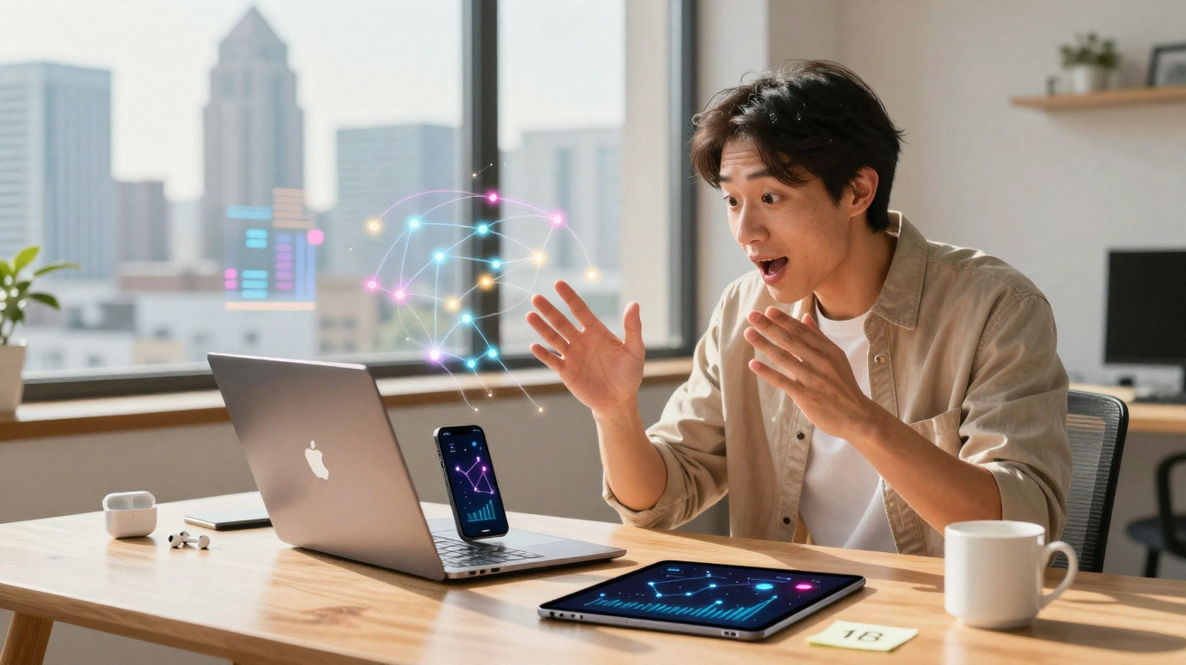 Young man excitedly interacting with holographic digital network display over laptop in modern office.
