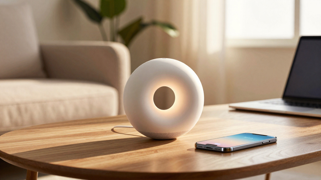Modern round smart speaker glowing softly on a wooden table next to a smartphone and laptop.