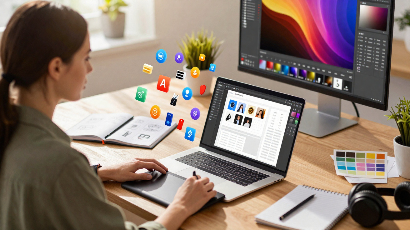 Woman using a graphic tablet with laptop and monitor, surrounded by icons and creative workspace items.