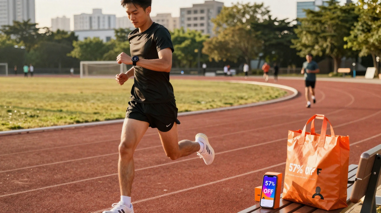 Man running on outdoor track near bench with orange sale bag and smartphone showing 57% off discount.