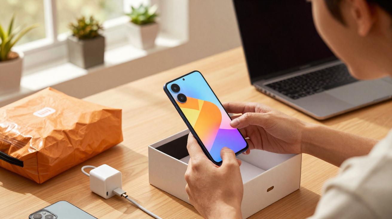 Person holding a new smartphone above its open box on a wooden table with laptop and accessories nearby.