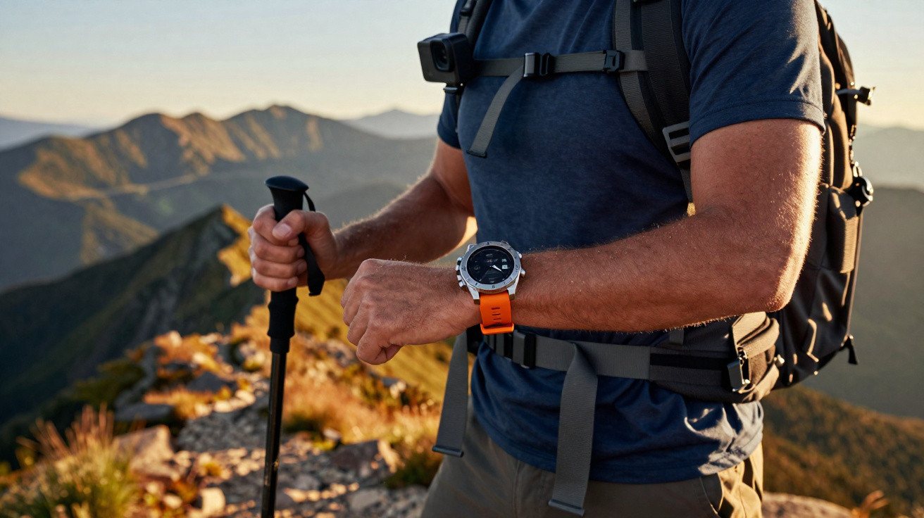 Close-up of a hiker wearing a smartwatch with an orange strap and holding a trekking pole on a mountain trail.