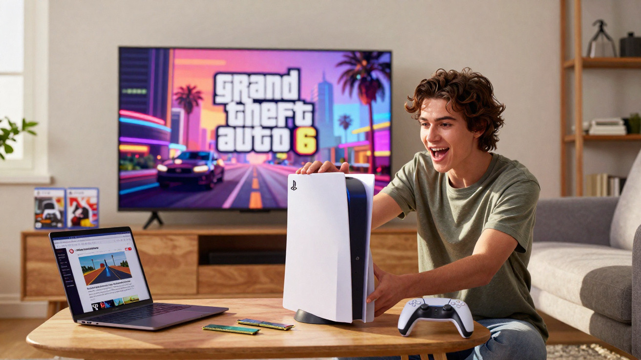 Excited young man holding a PlayStation 5 console with Grand Theft Auto 6 displayed on TV in a living room.