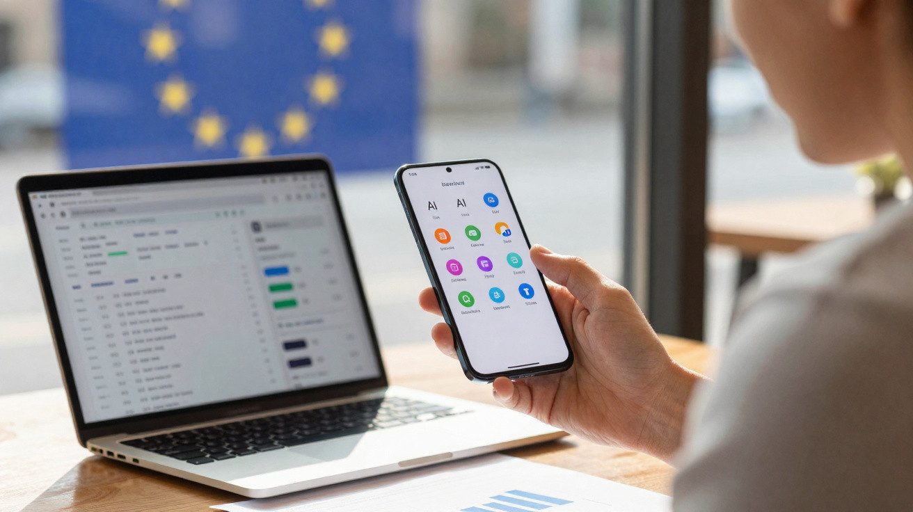 Person holding smartphone displaying apps near open laptop on desk with European Union flag in background.