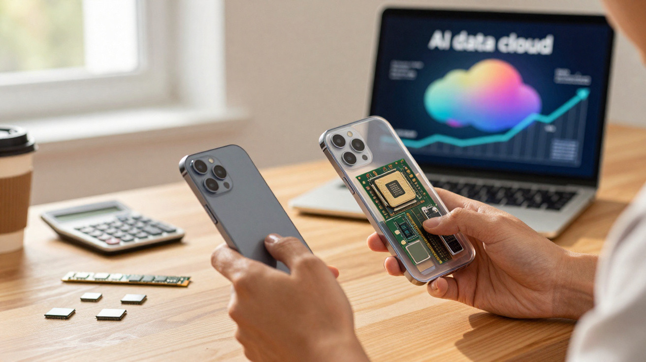 Person holding two smartphones, one with a visible circuit board, with a laptop showing AI data cloud graph in background.
