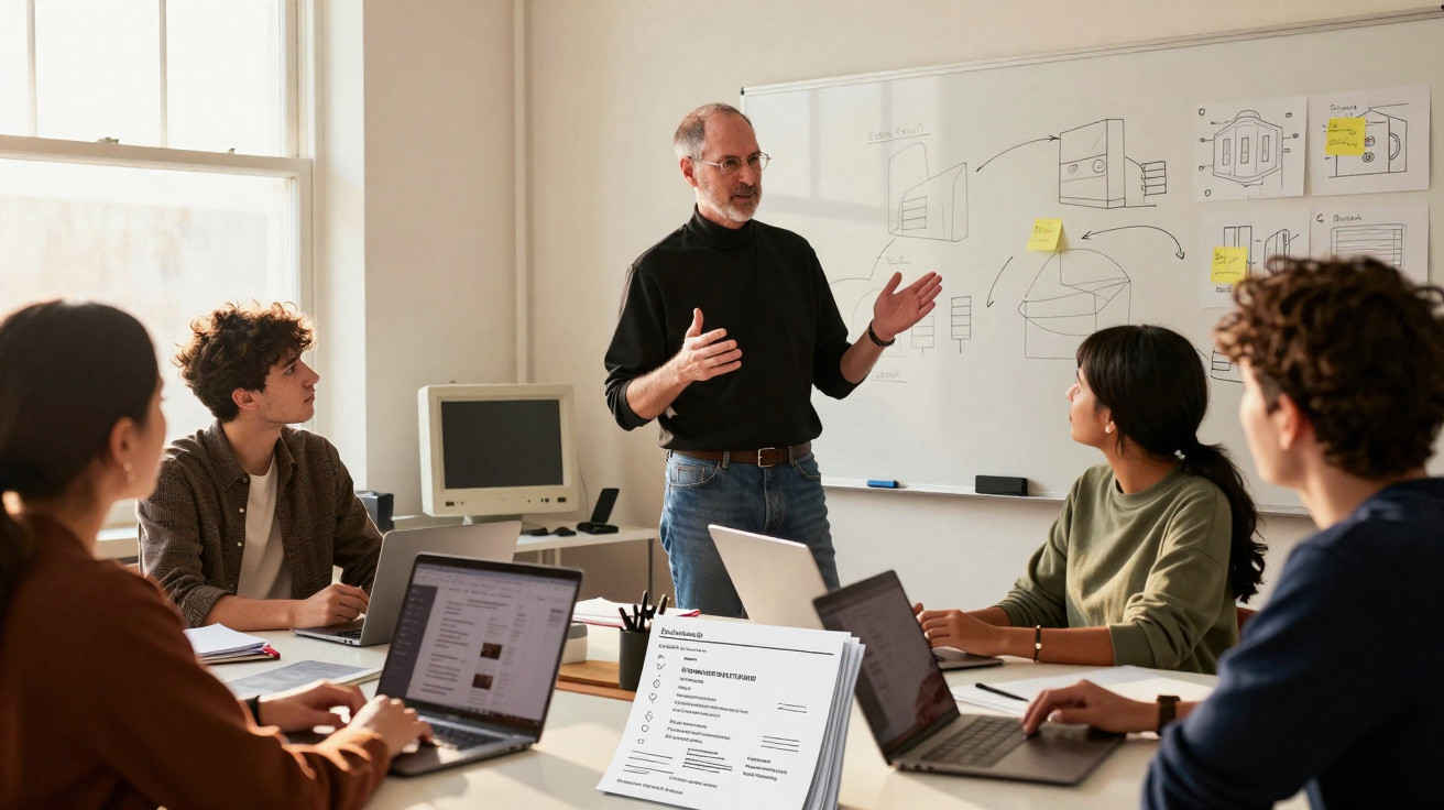 Man giving presentation to four colleagues seated at a table with laptops in a bright office room.