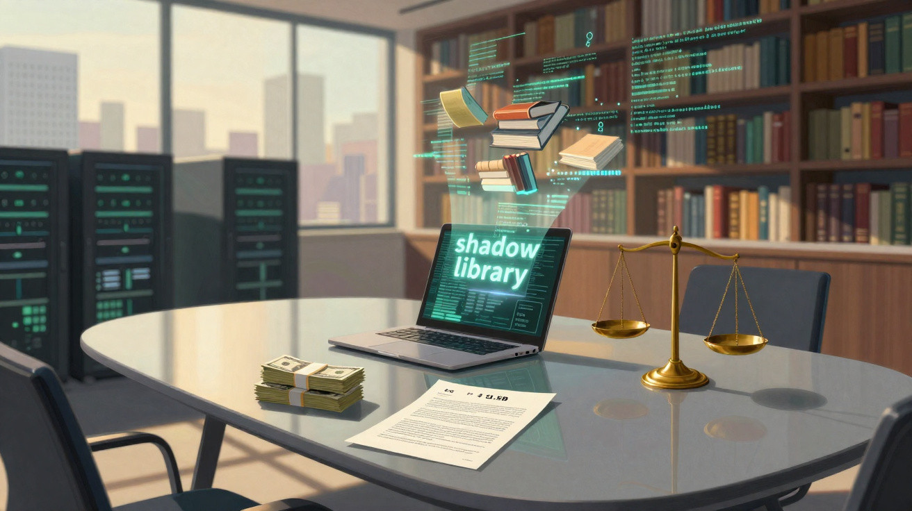 Office table with laptop showing "shadow library" and virtual books, money stacks, document, and balance scale.