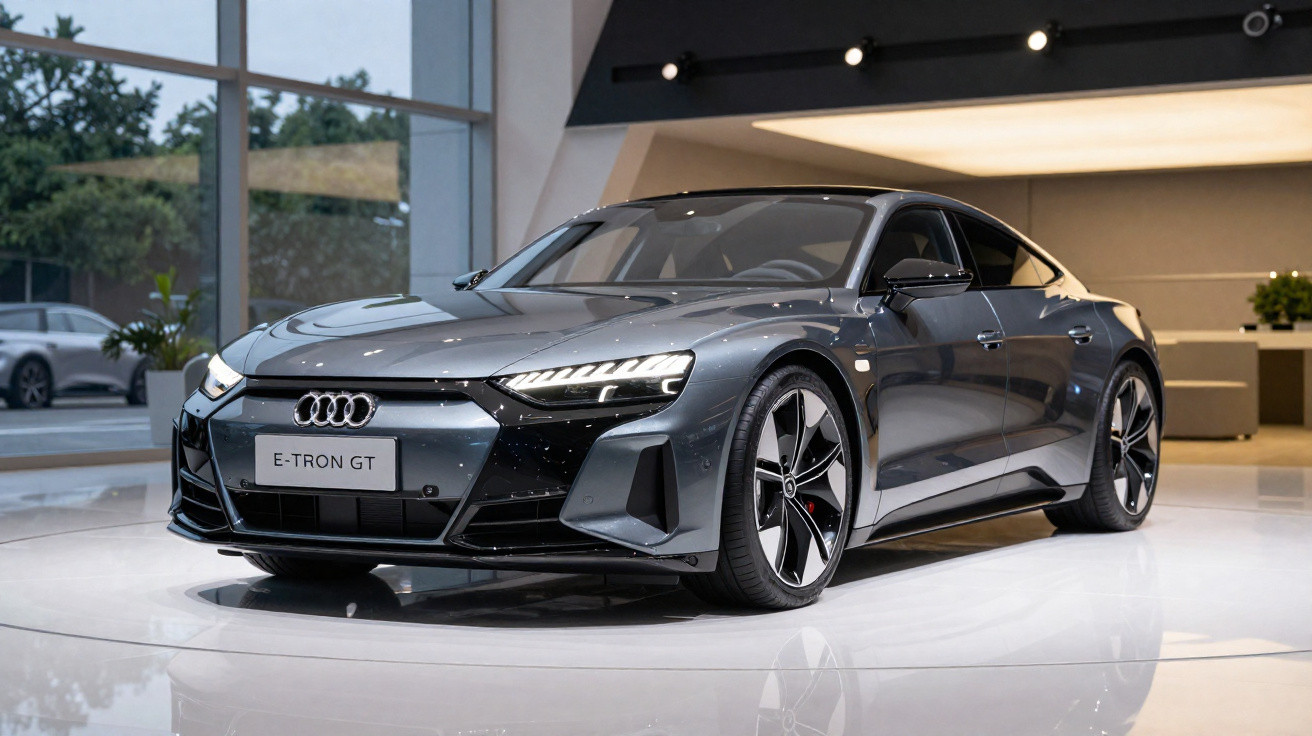 Sleek grey Audi E-Tron GT electric car displayed indoors on a shiny white floor.