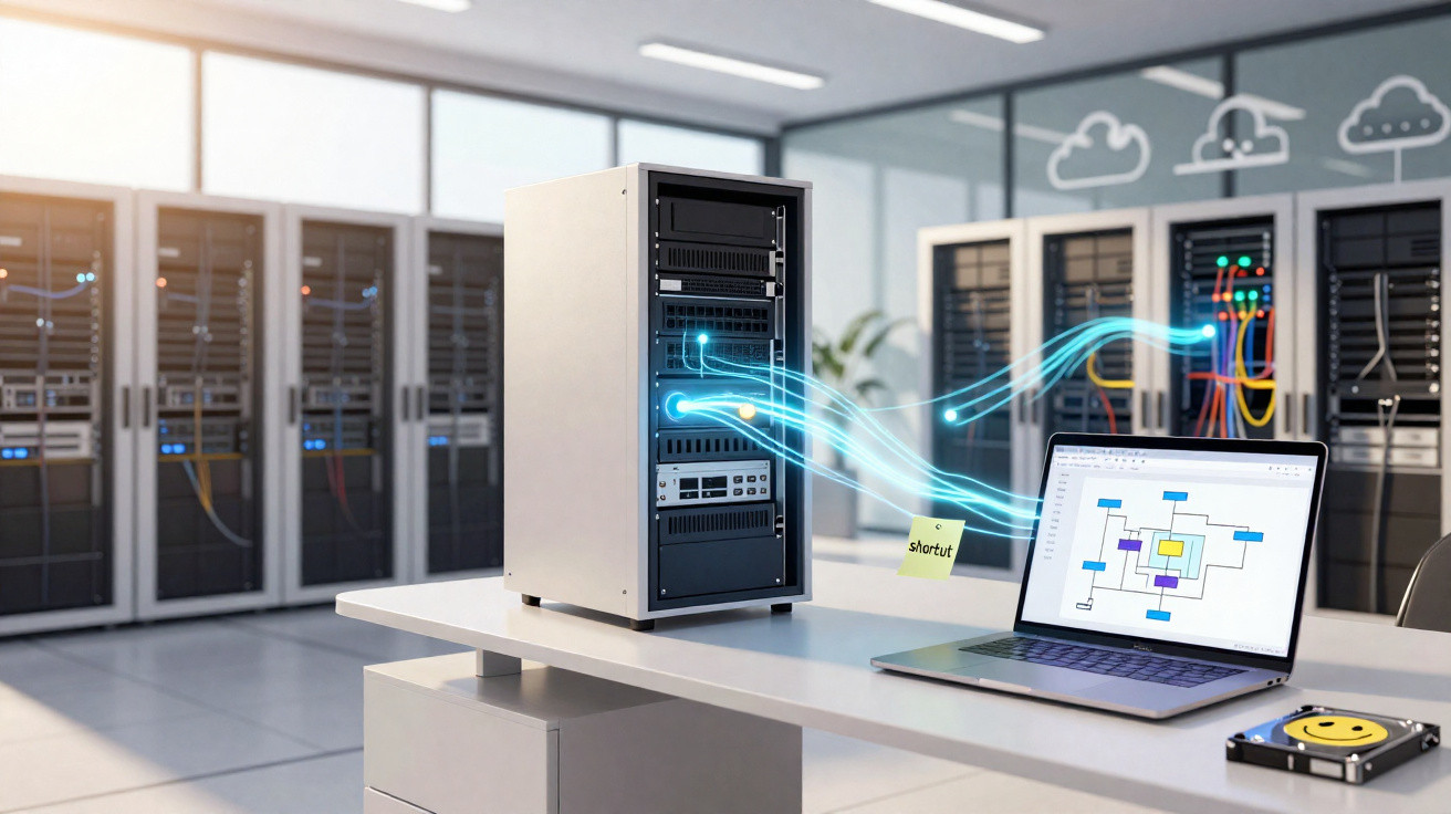 Server rack and laptop with data flow graphics, set in a modern data centre with multiple servers.