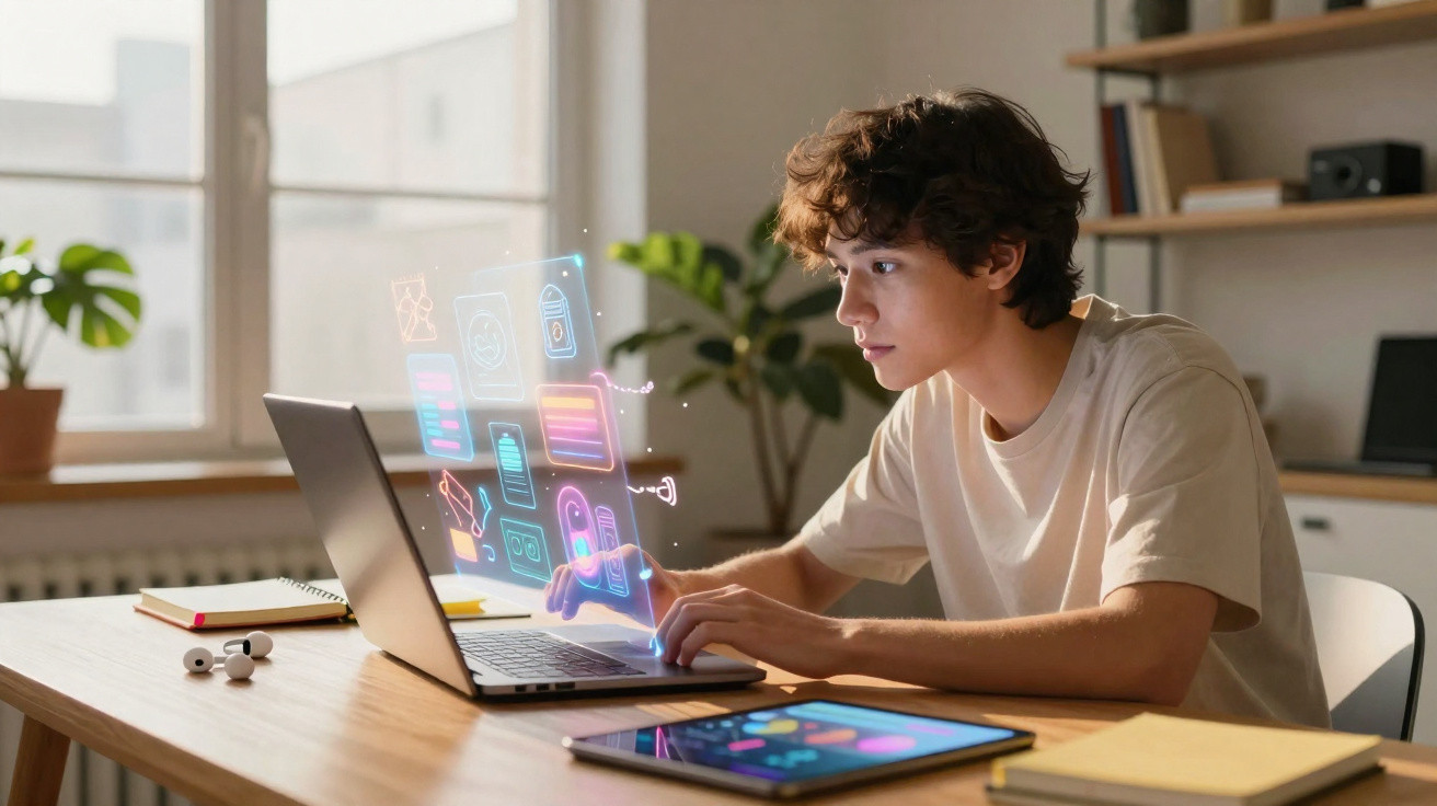Teenage boy interacting with holographic digital interface projected from a laptop in a bright room.