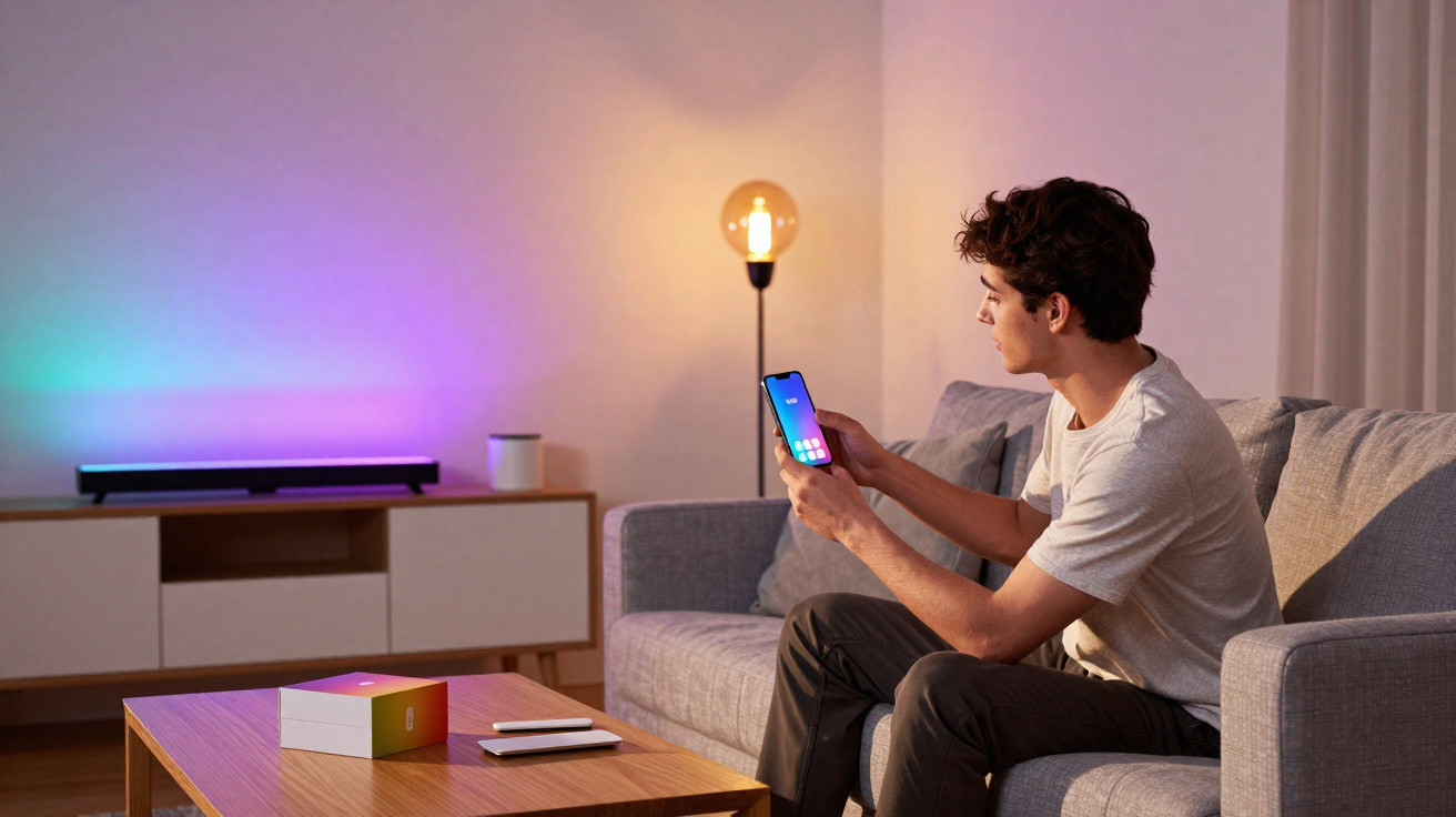 Young man sitting on sofa controlling smart home lighting with smartphone app in cosy living room.