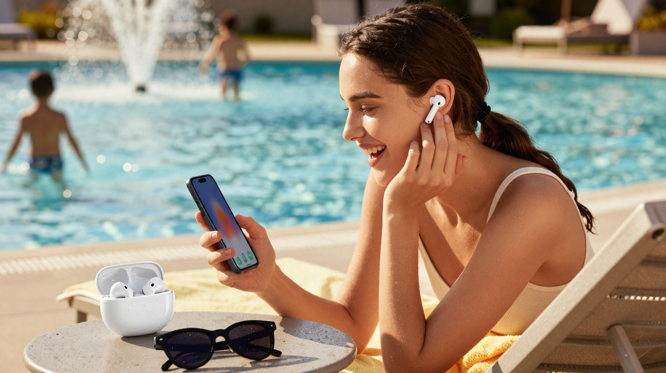 Woman by pool smiling while adjusting wireless earbud and holding smartphone, with sunglasses and earbud case on table nearby