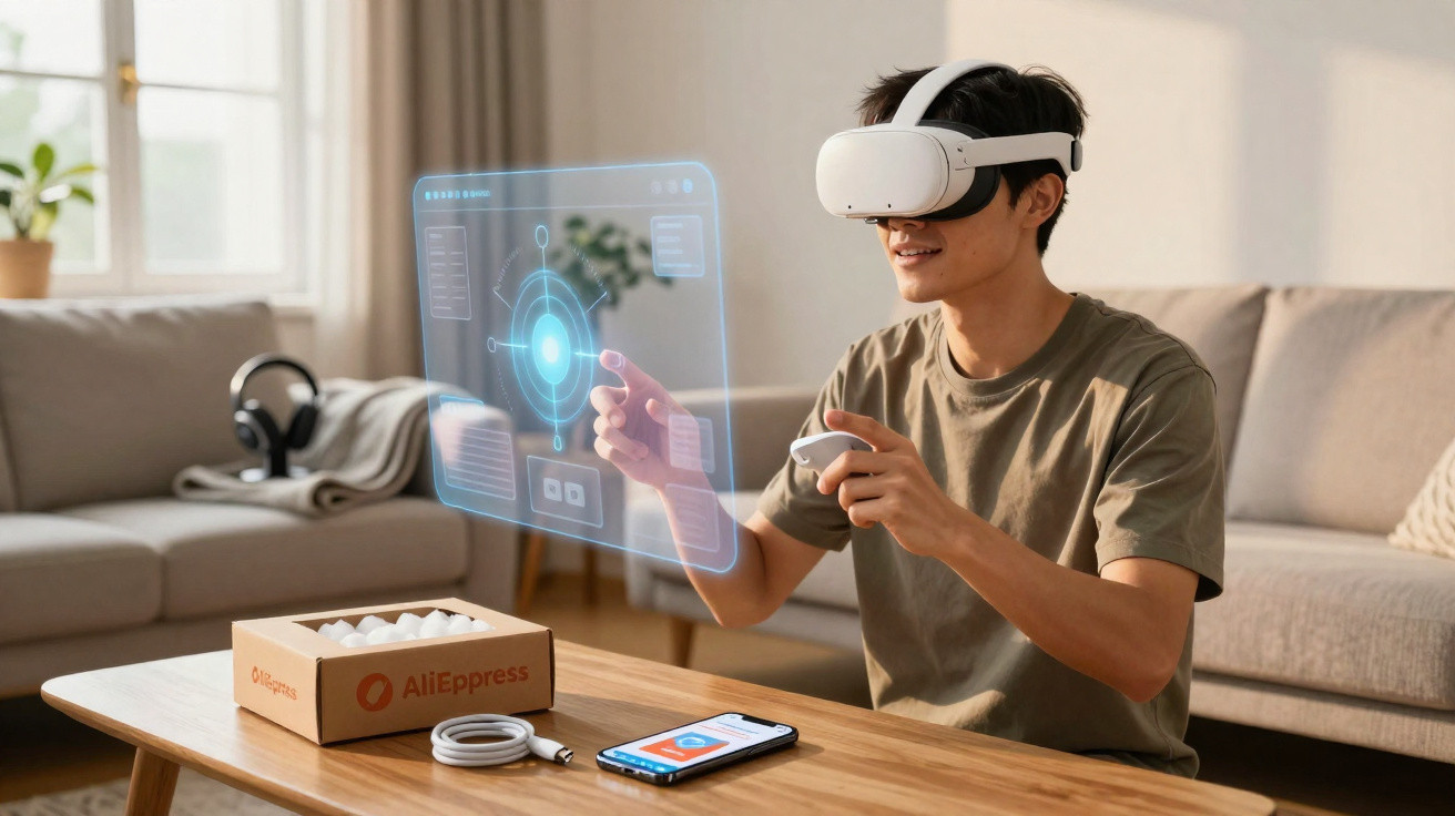 Young man using VR headset and controllers interacting with virtual interface at home table